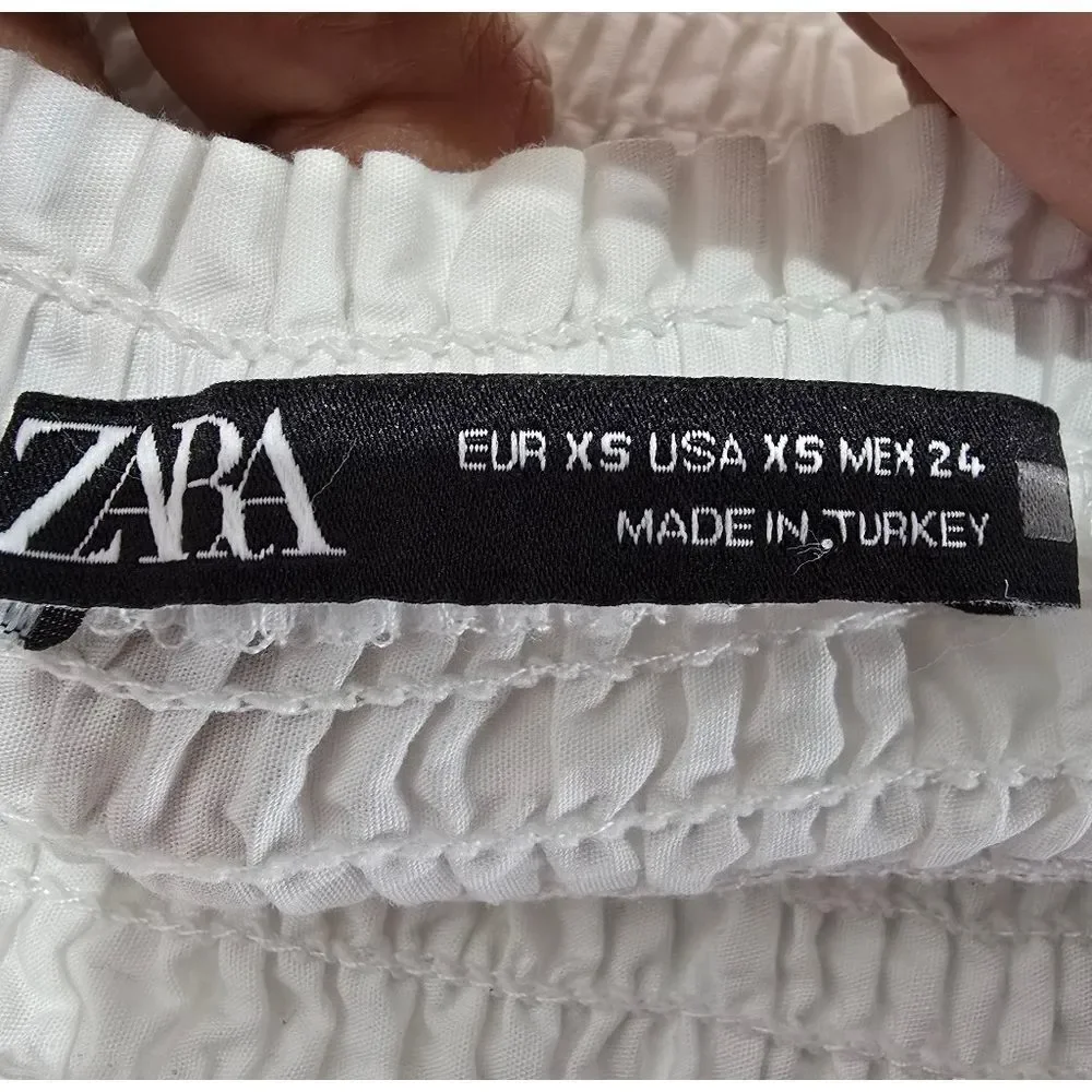 Zara White Puff Sleeve Smocked Blouse